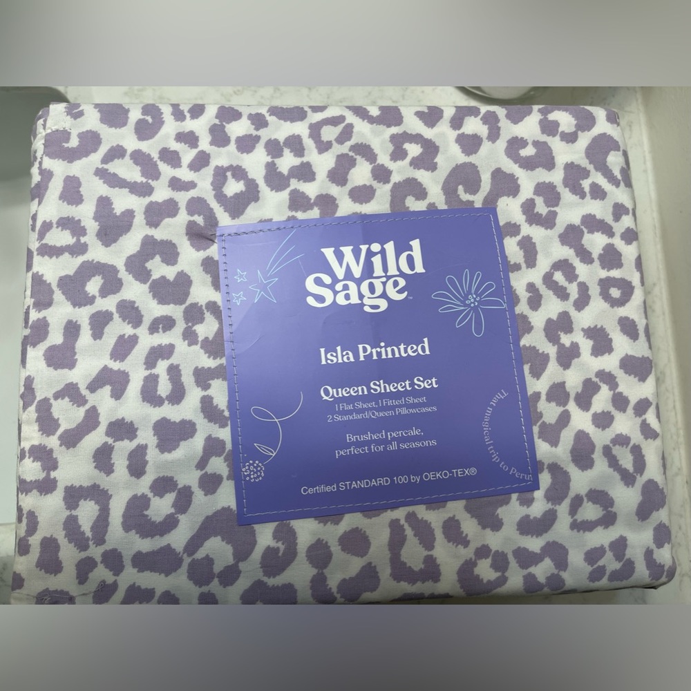 Wild Sage purple cheetah print queen sheet set